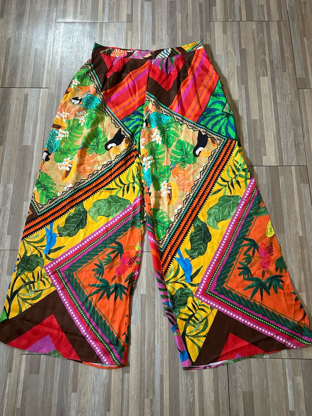 Farm Rio Mix Scarves Summer Pants Wide Leg Tropical Print Size Large - Picture 2 of 11